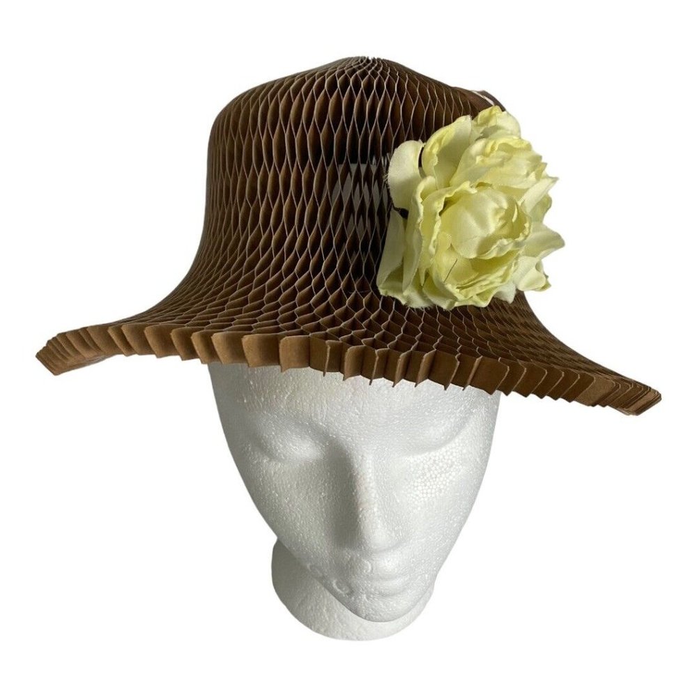 Womens Raffia Accordion Paper Straw Brown Adjustable Hat Yellow Flower Feather